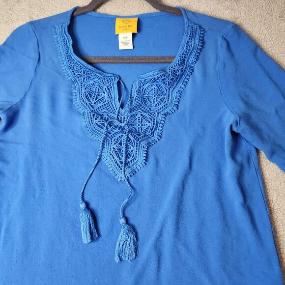 Ruby Rd Petite Blue Pullover Blouse - tie neck and 3/4 length sleeves Size 12P - Picture 2 of 6